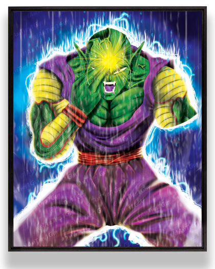 A poster featuring an illustrated character with green skin, purple clothing, and a yellow aura, depicting a scene of action or combat.
